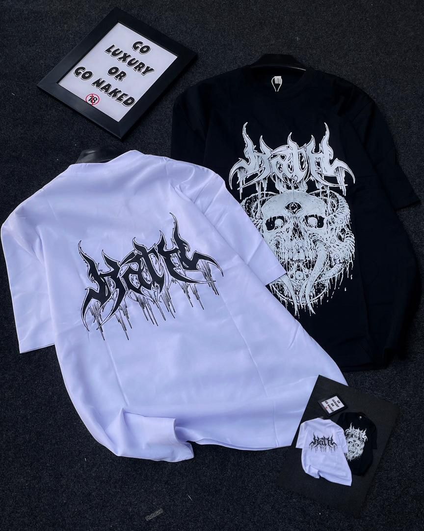 Black and white t-shirts with skull, dripping text, and gothic graphic including inset views.