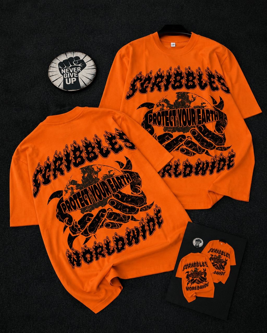 Orange t-shirt with Scribbles Protect Your Earth graphic on front and back.