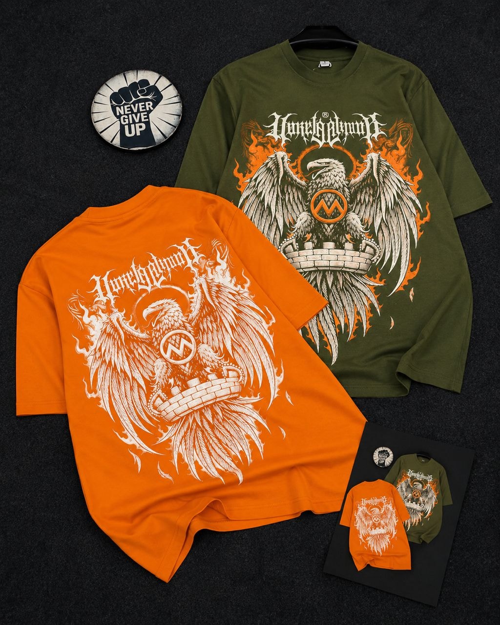 Olive green and orange t-shirts with eagle, castle, and gothic text graphic shown in multiple views.