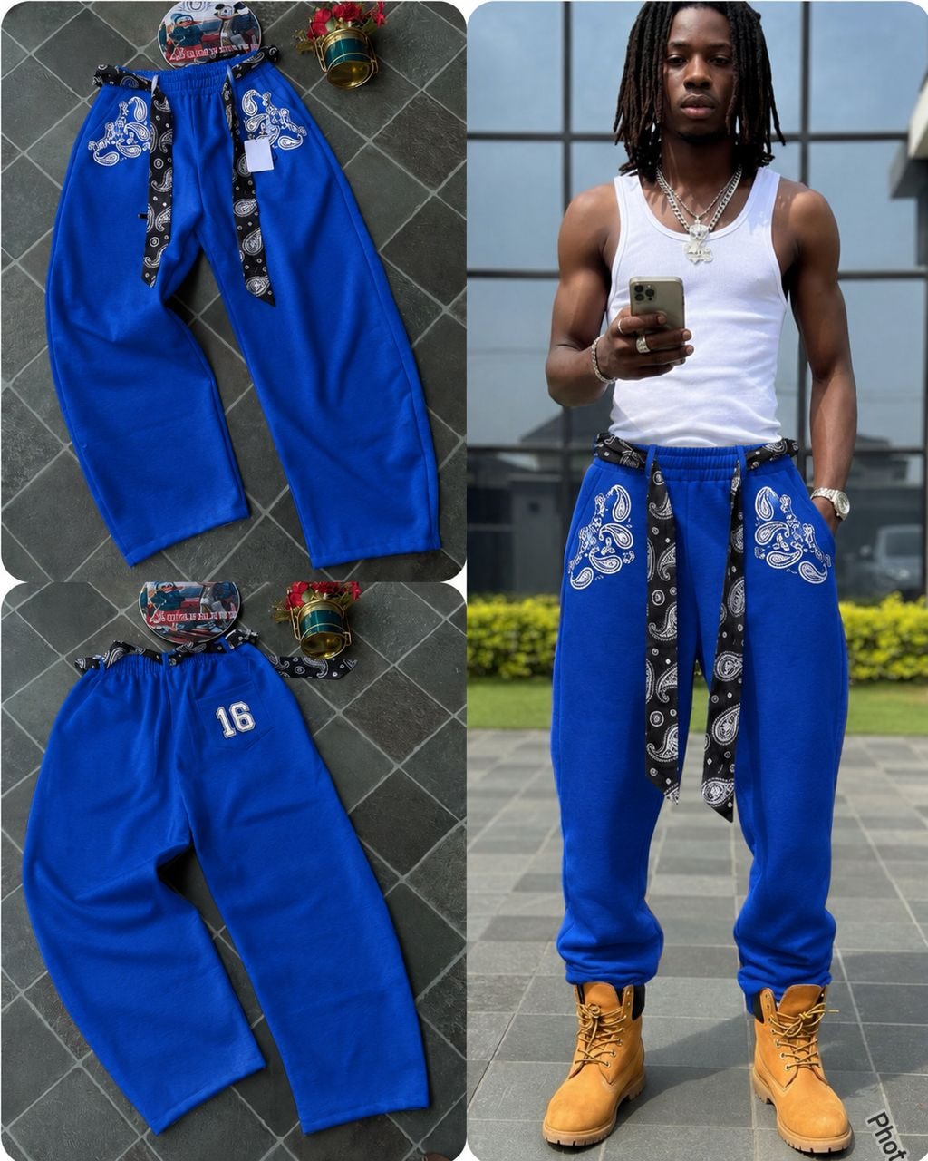 Blue paisley joggers with bandana detail shown in flat lays and on model.