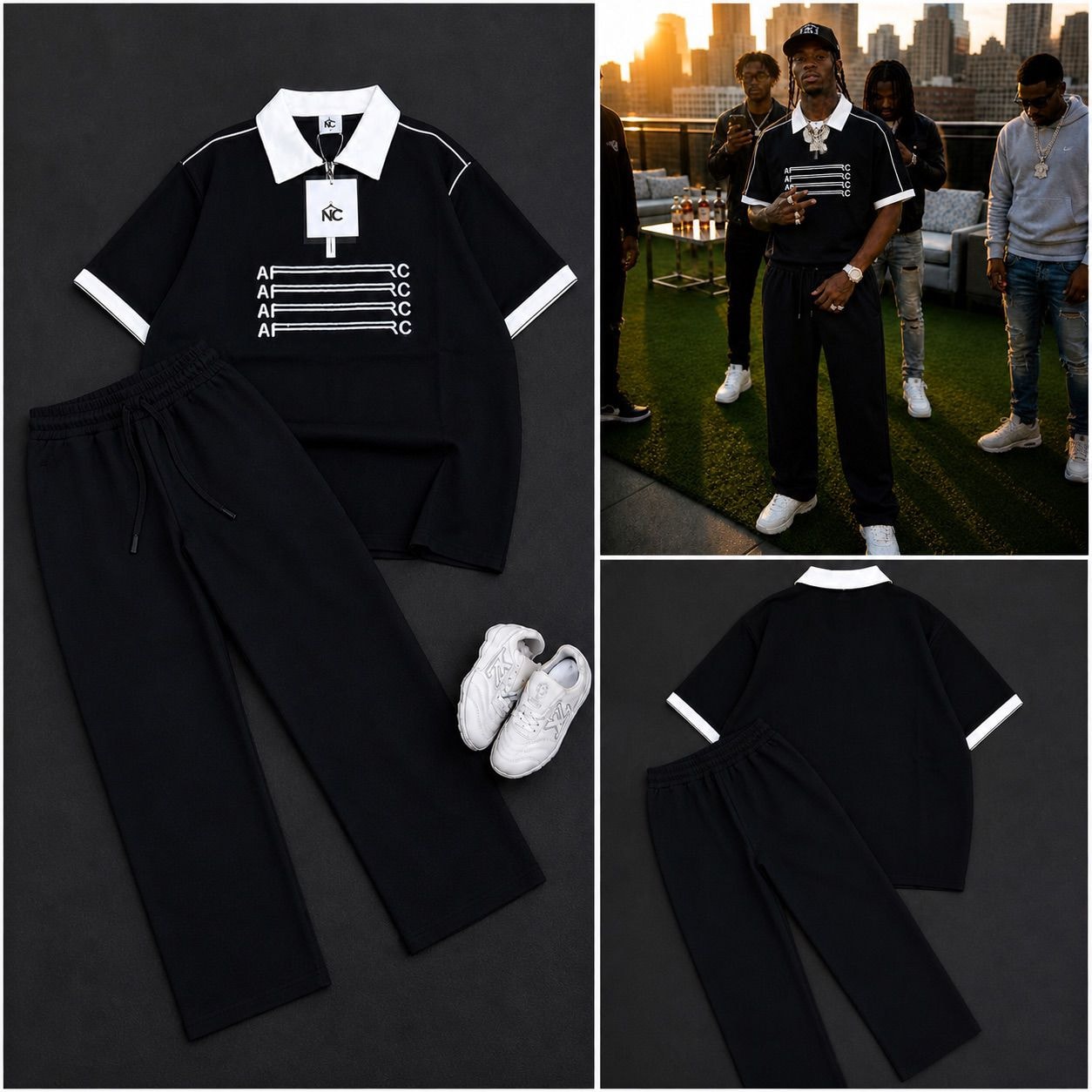 Black AFRC polo shirt with white contrast trim and matching black trousers shown in multiple views.