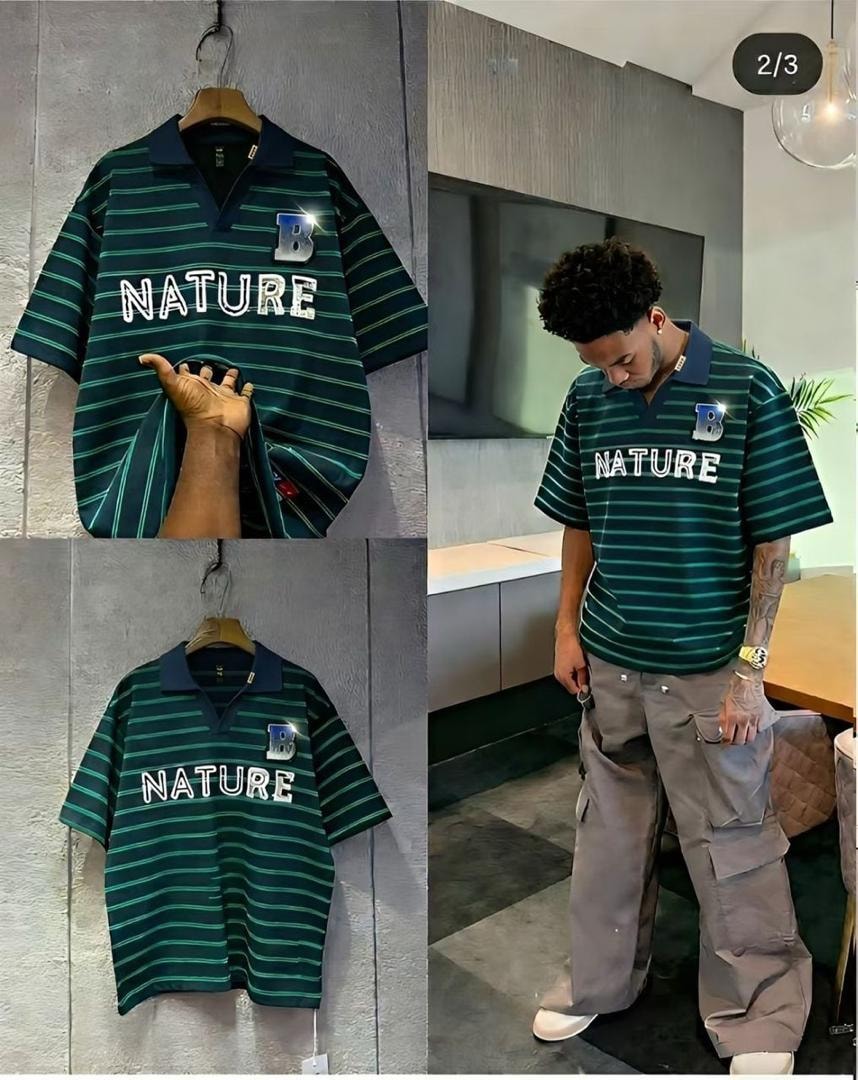 Green striped polo shirt with NATURE graphic and B logo in studio and on model.