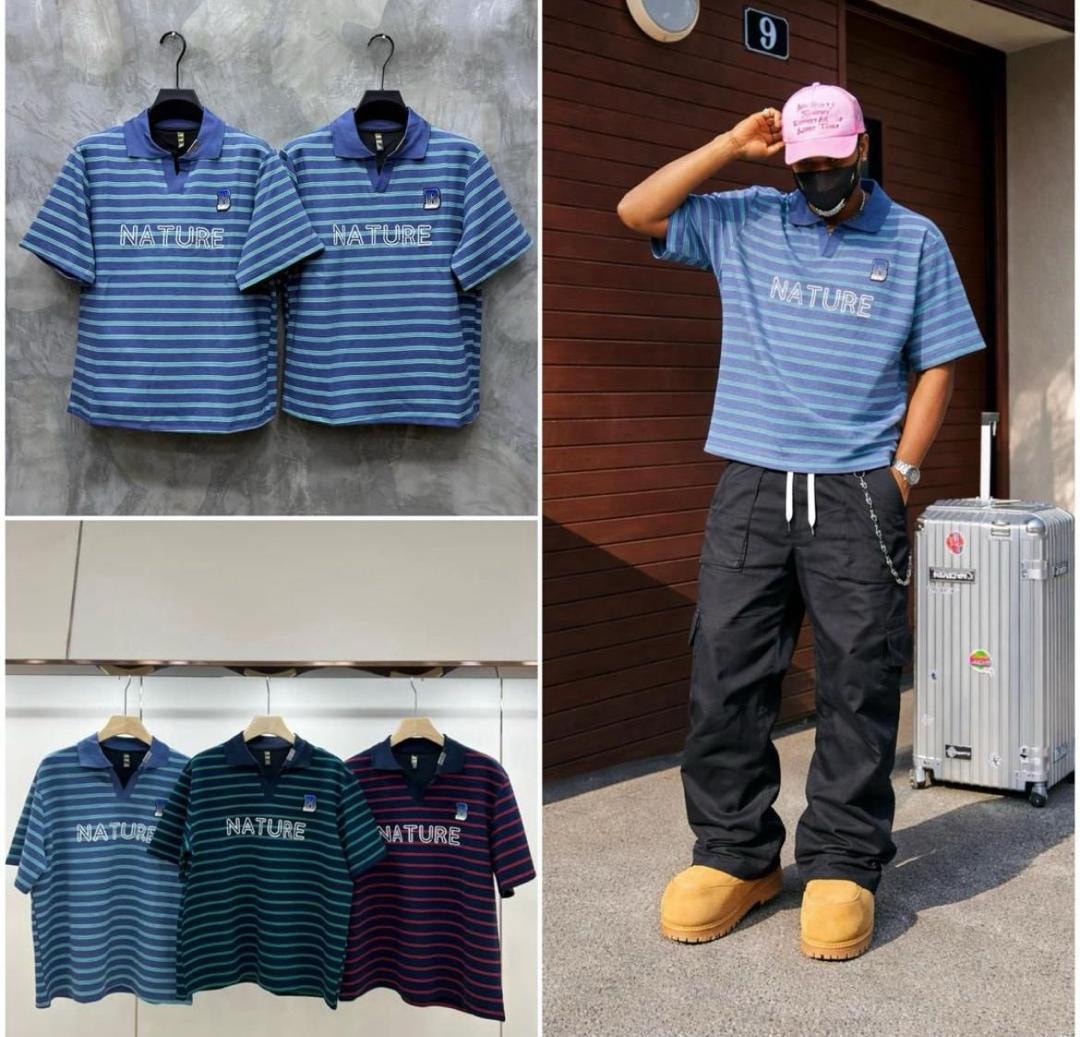Multiple NATURE striped polo shirts shown in blue, green and burgundy colorways.