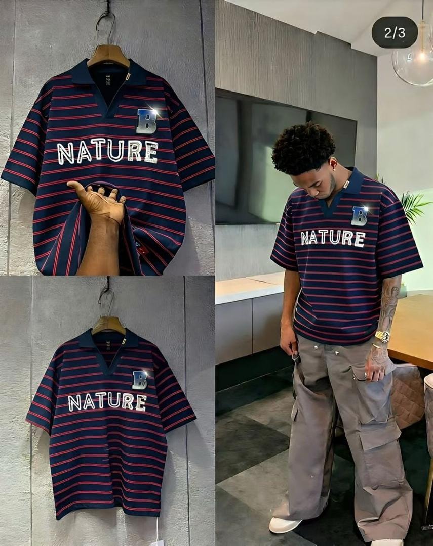 Navy striped polo shirt with NATURE text and B emblem on hanger and model.