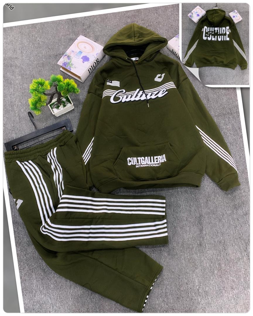 Olive oversized hoodie with Culture graphic and matching striped joggers.