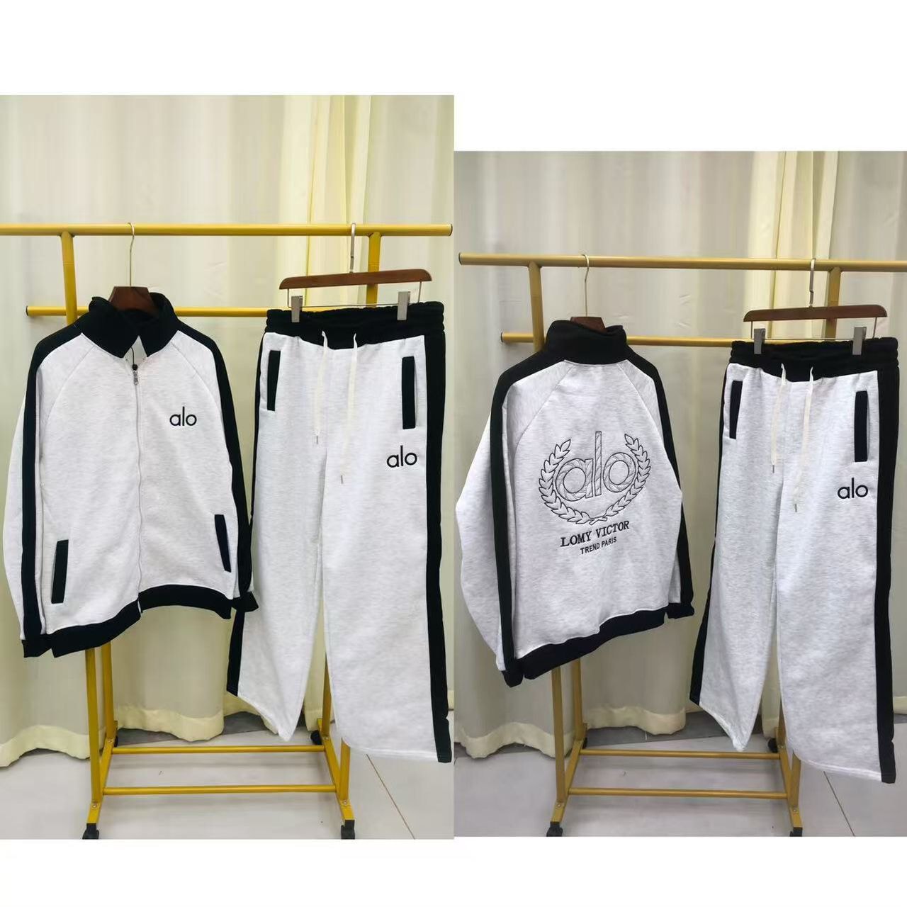 White and black alo two-piece tracksuit set displaying front and back views with embroidered details.