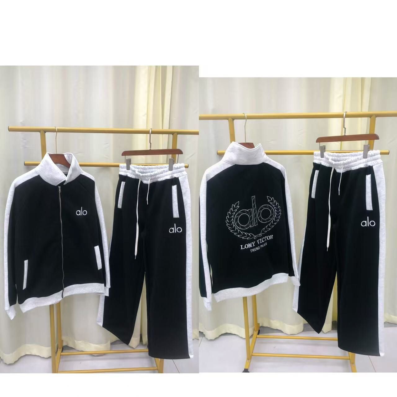 Black and white alo logo tracksuit set showing front and back views of the zip jacket and pants.