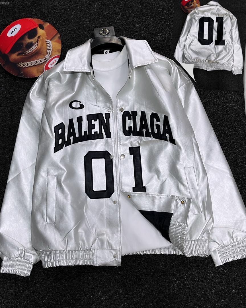 Silver bomber jacket with black BALEN CIAGA 01 lettering