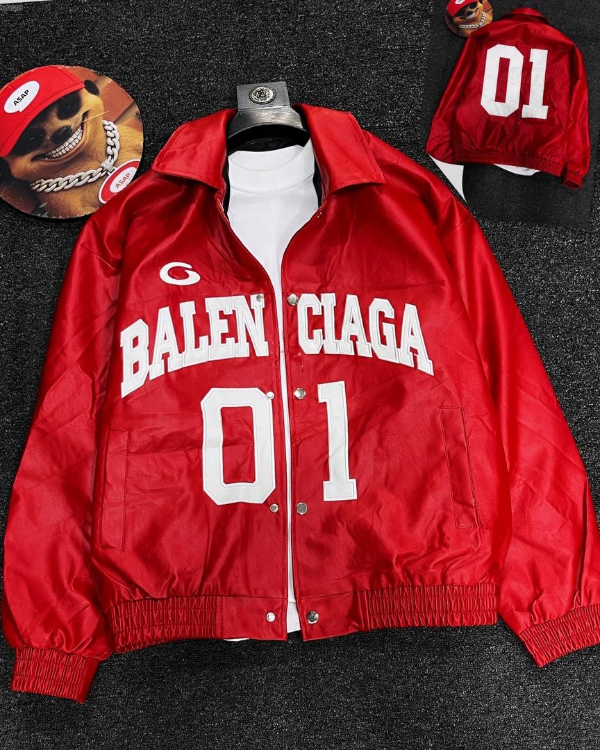 Red bomber jacket with white BALEN CIAGA 01 graphics, front view