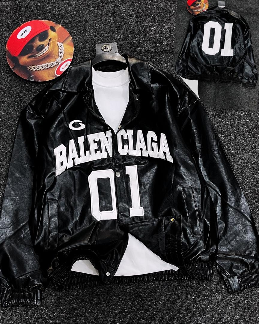 Black bomber jacket with white BALEN CIAGA 01 print on front and back