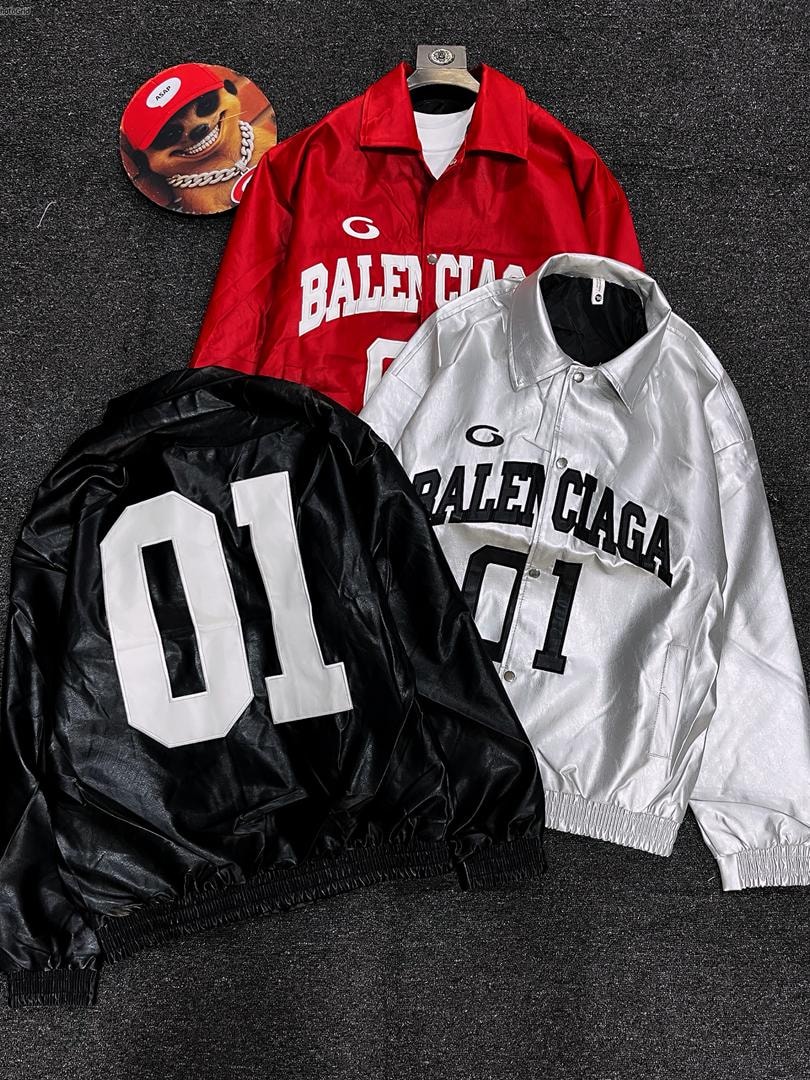 Black, red, and silver bomber jackets with BALEN CIAGA 01 prints displayed together