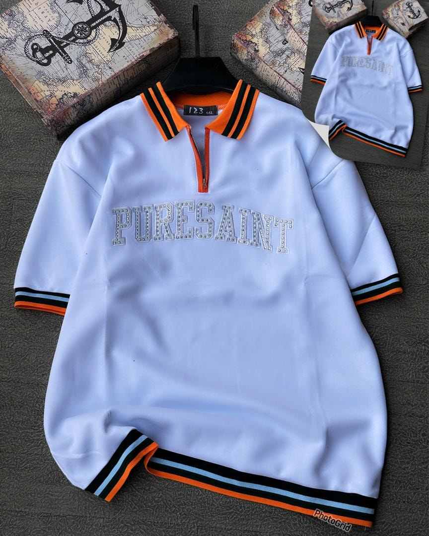 White long sleeve Puresaint polo with striped ribbing and chest text.