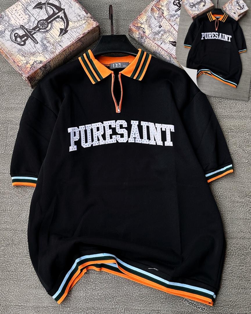 Black long sleeve Puresaint polo with striped trim on flat lay.