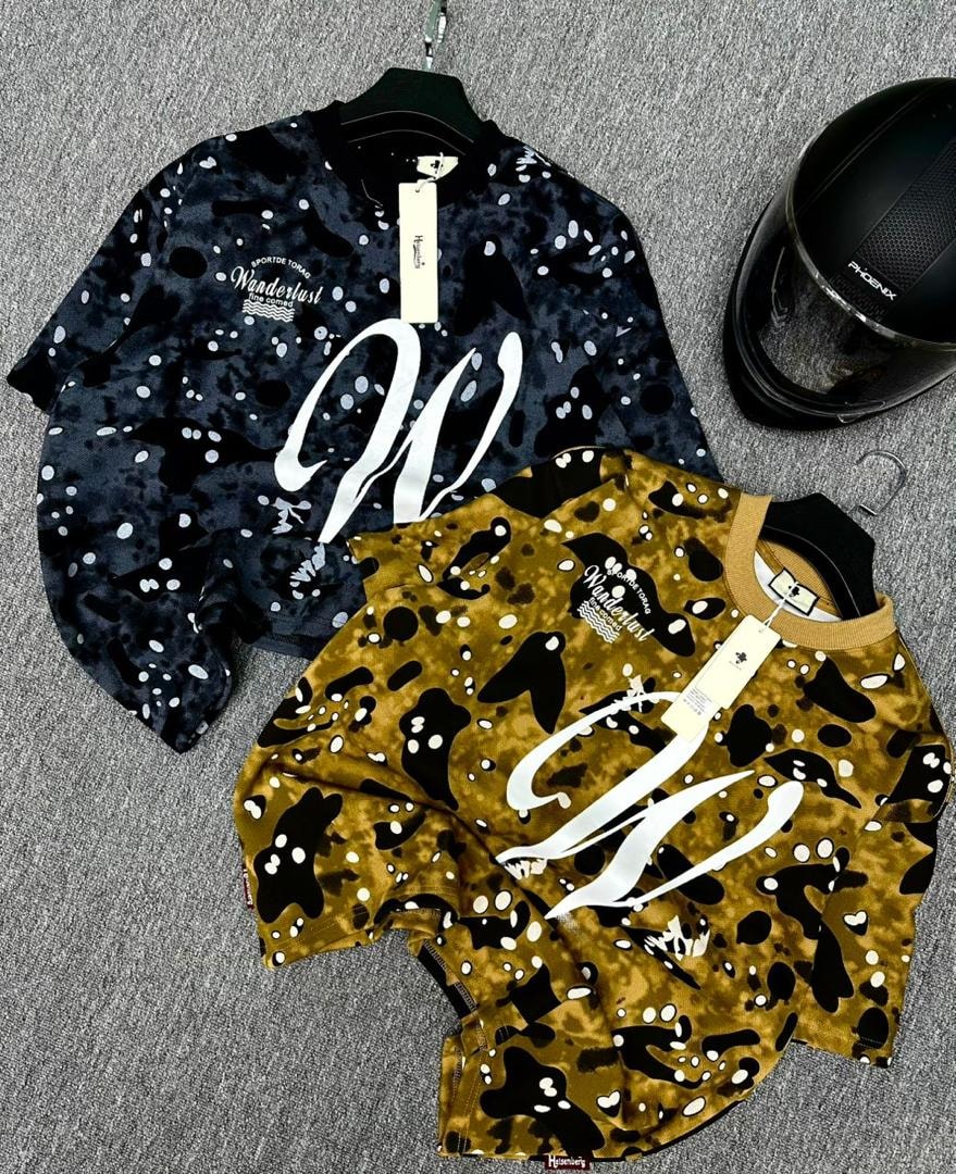 Black and mustard camo t-shirts showing white W logo with additional chest text and tags.