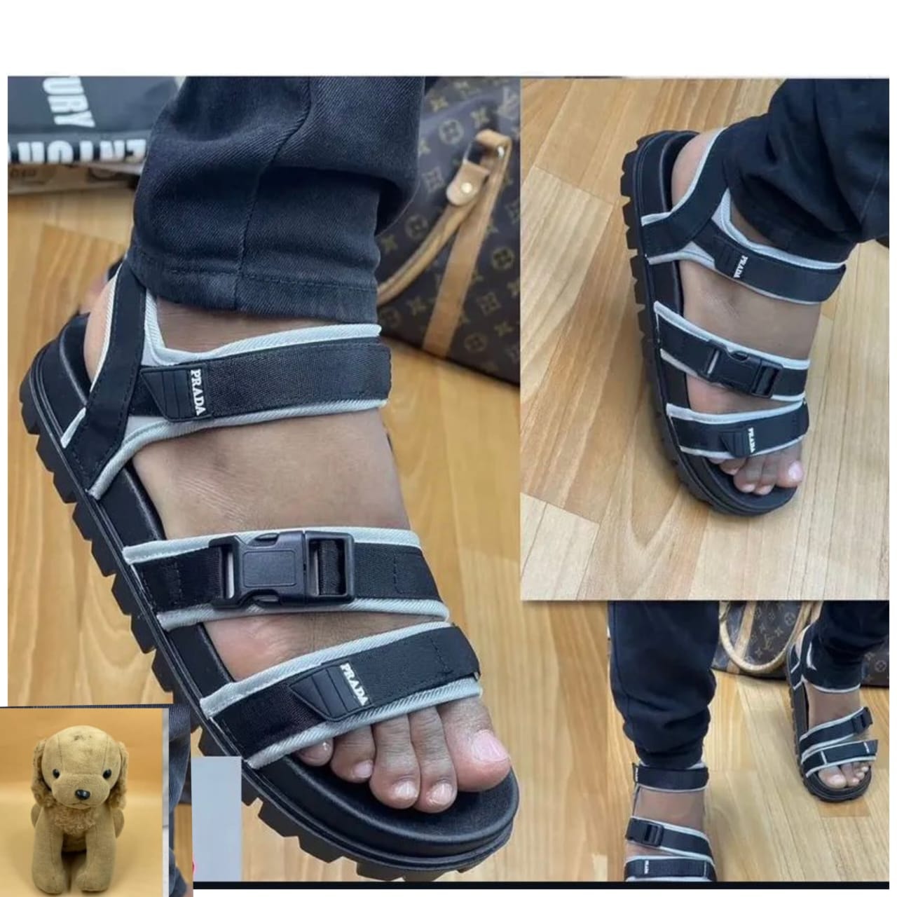 Black Prada multi-strap sandals with buckles and white accents shown worn from multiple angles.