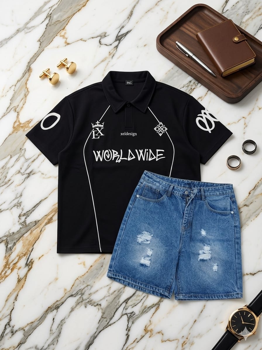 Flat lay of black graphic polo shirt with white prints and ripped blue denim shorts on marble surface.