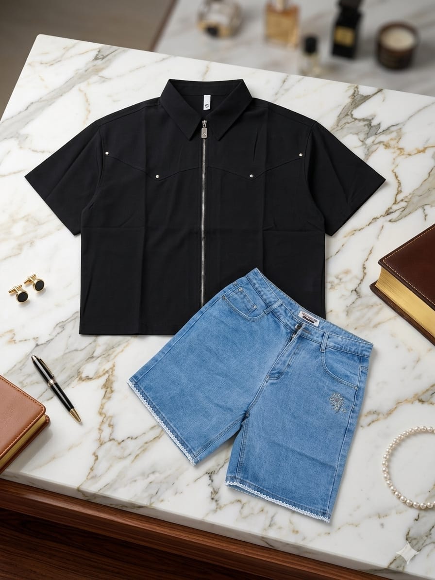 Flat lay of black zip-up short sleeve shirt and blue denim shorts with lace trim on marble tabletop.
