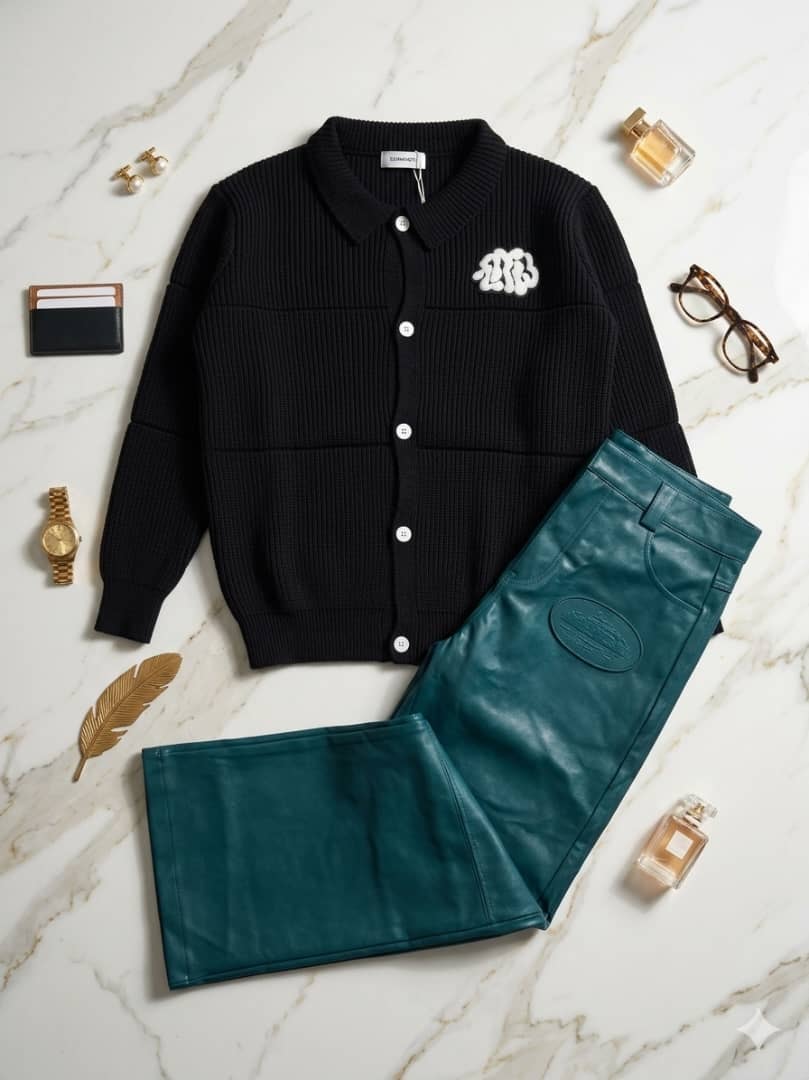 Black ribbed knit cardigan with white monogram paired with teal faux leather trousers in a styled flat lay with accessories.
