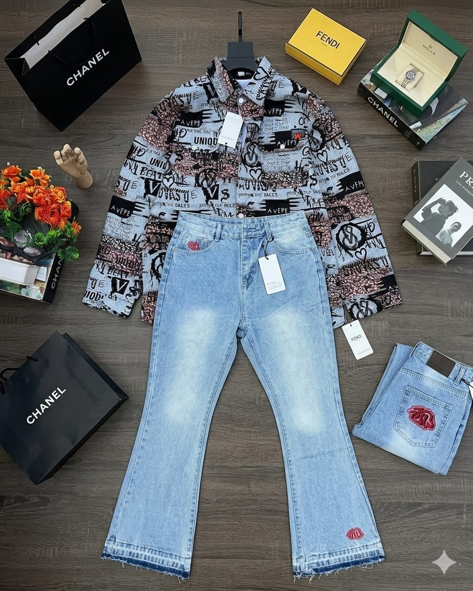 Multi-text print long sleeve shirt paired with light blue flared jeans surrounded by luxury brand props.
