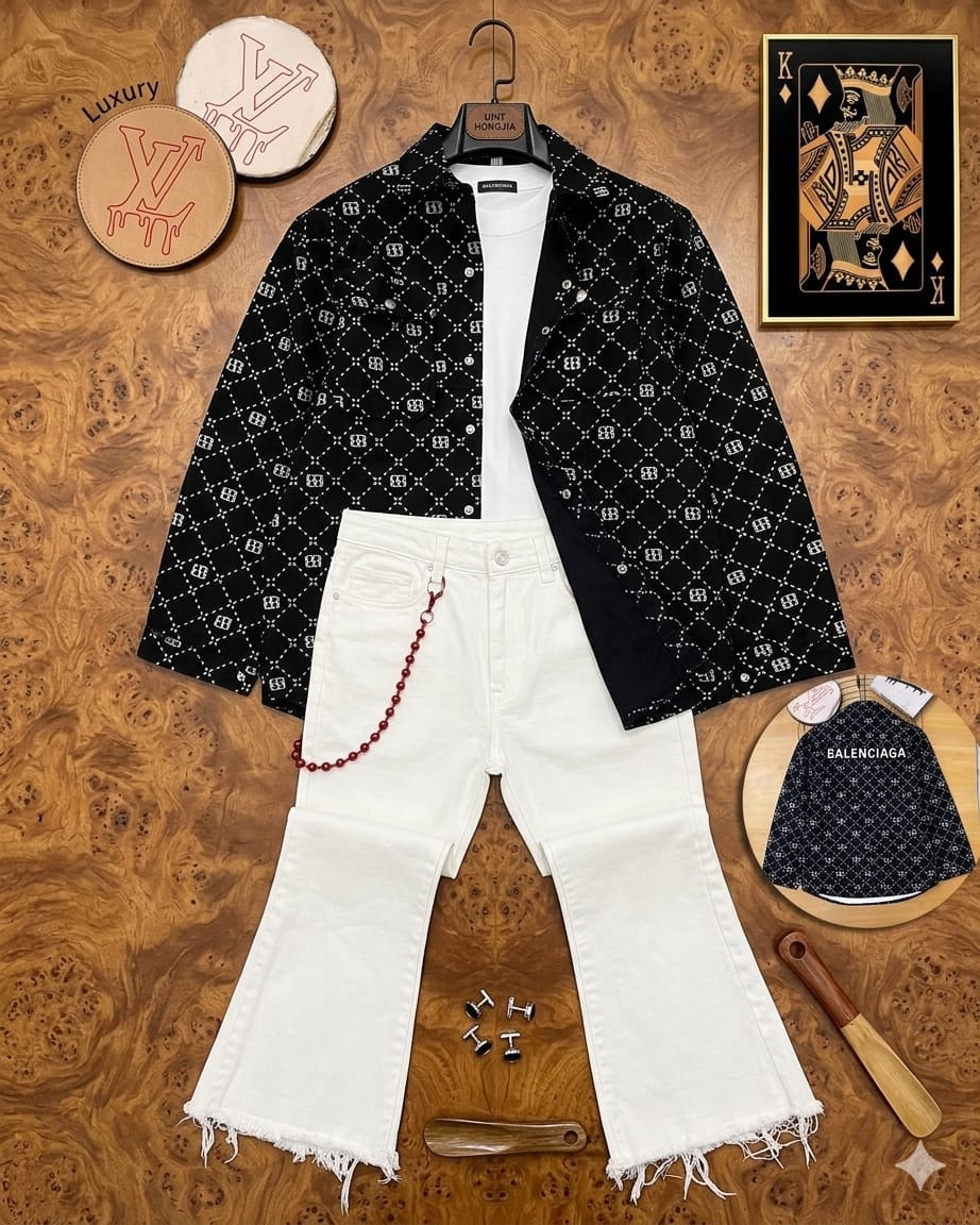 Black monogram jacket with white t-shirt and white flared jeans on wooden surface with accessories.