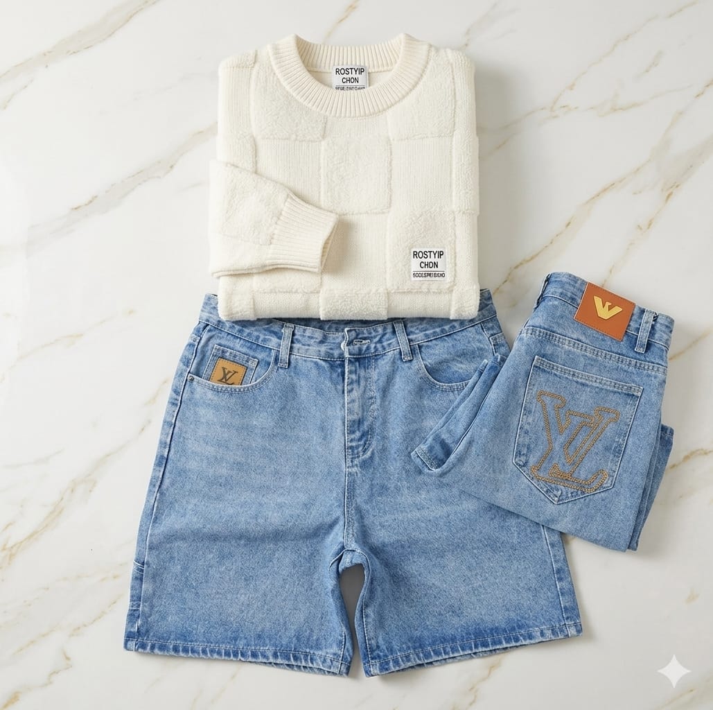 Cream knit sweater folded with light blue monogram denim shorts on marble background.