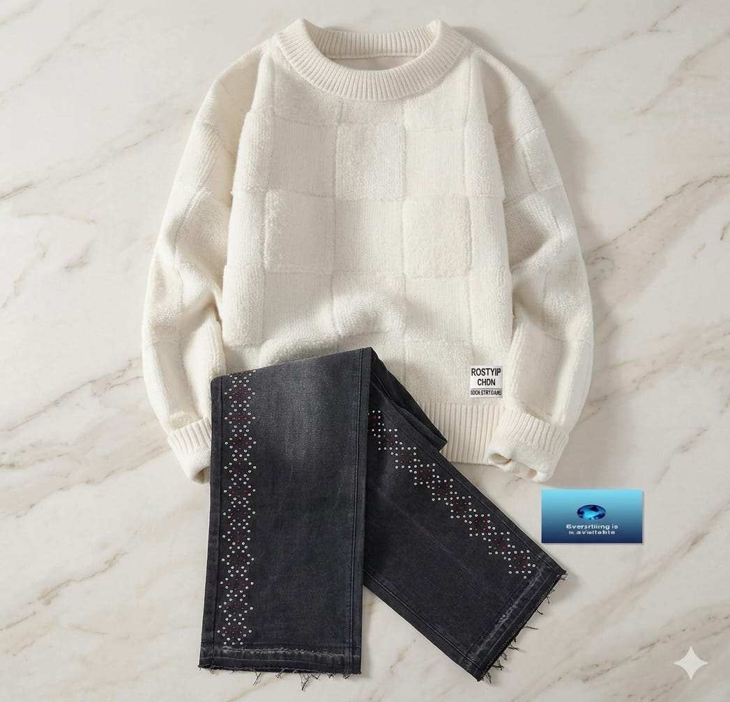 Cream block knit sweater paired with dark jeans featuring side rhinestone embellishments.