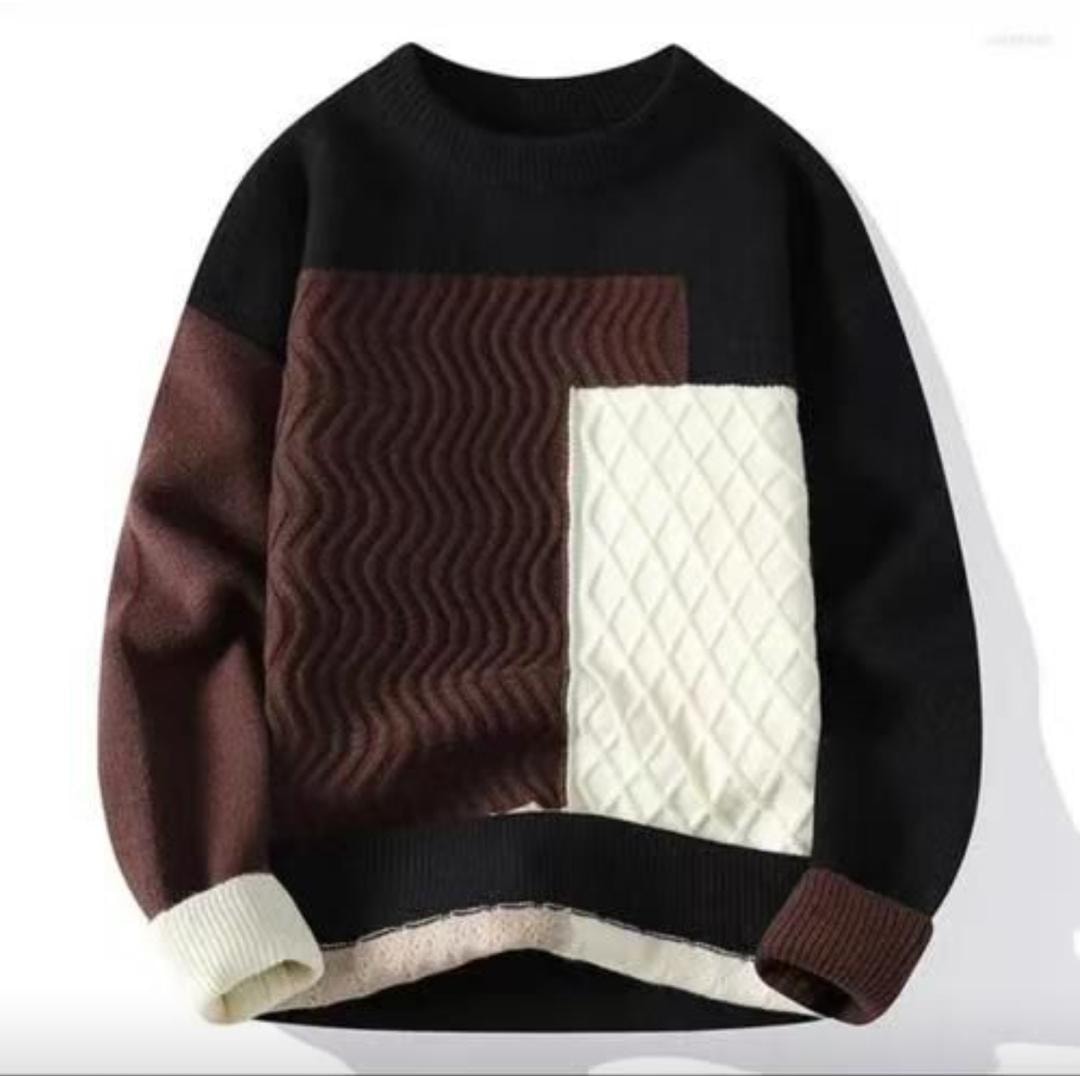 Black patchwork sweatshirt with brown wavy and white diamond textured panels.