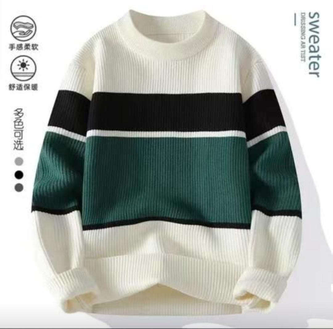 Striped colorblock sweatshirt in cream with green and black bands on ribbed knit fabric.