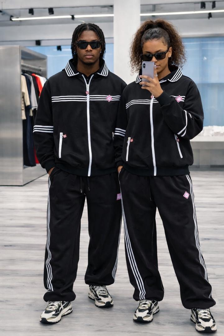 Man and woman modeling black tracksuit set with white stripes and logo details.
