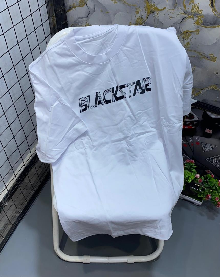White t-shirt with black stylized Blackstar text print on chest.