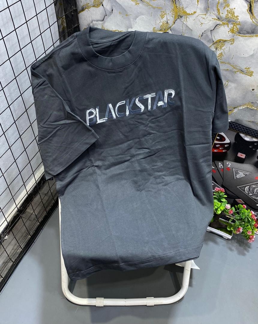 Gray t-shirt with white stylized Blackstar text print on chest.