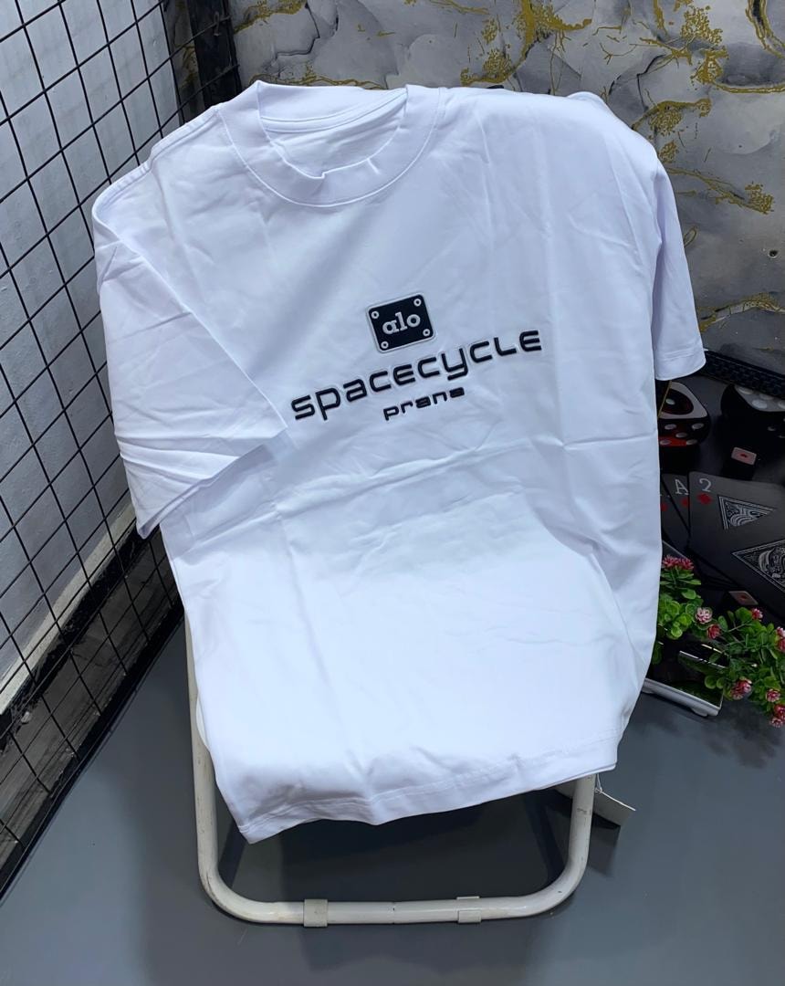 White t-shirt with black alo spacecycle prana text and logo print.