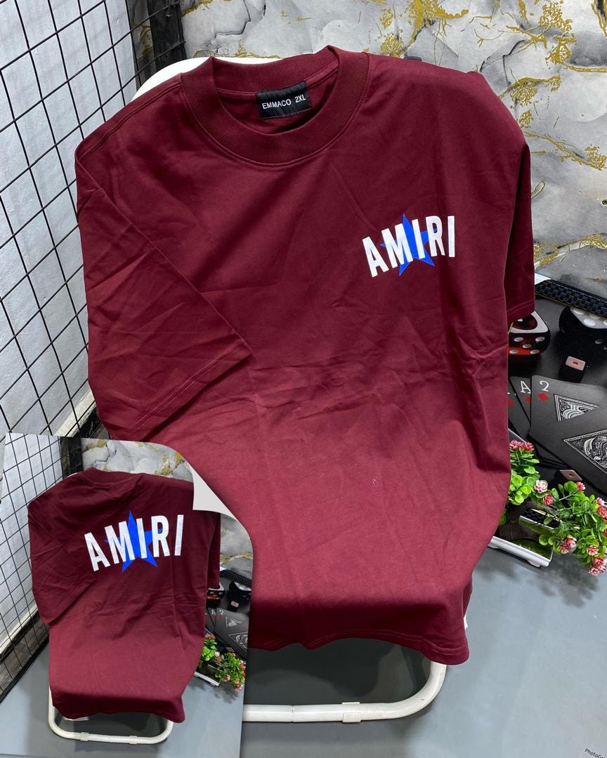 Maroon t-shirt with white AMIRI text and blue star on chest plus back view inset.