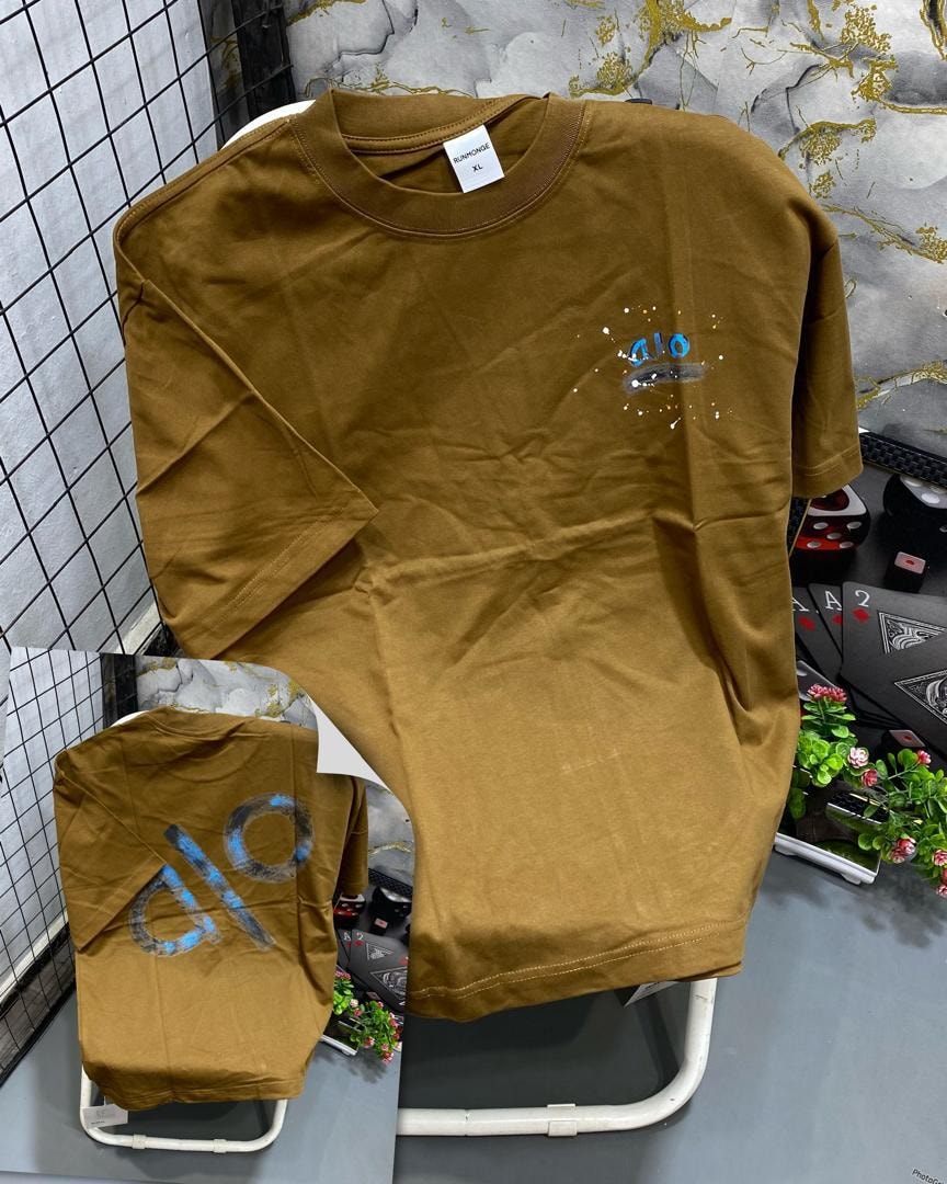 Brown t-shirt with blue ALO splatter logo on chest and large back graphic shown in inset.