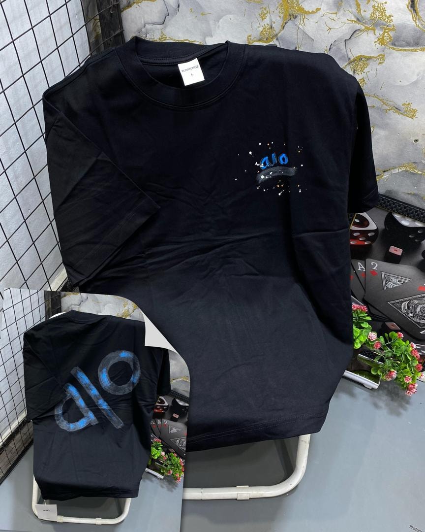 Black t-shirt with blue ALO splatter logo on chest and large back graphic shown in inset.