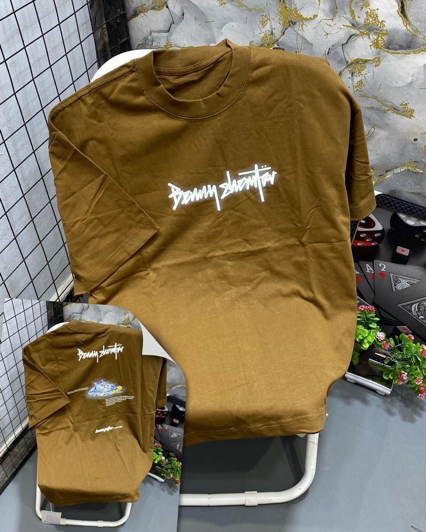 Brown t-shirt displaying white Benny Shantel script on chest with back view inset showing additional graphics.