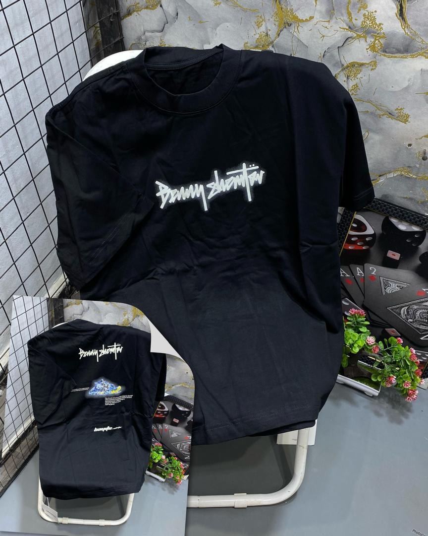 Front and back views of black t-shirt with white Benny Phantom script graphic.