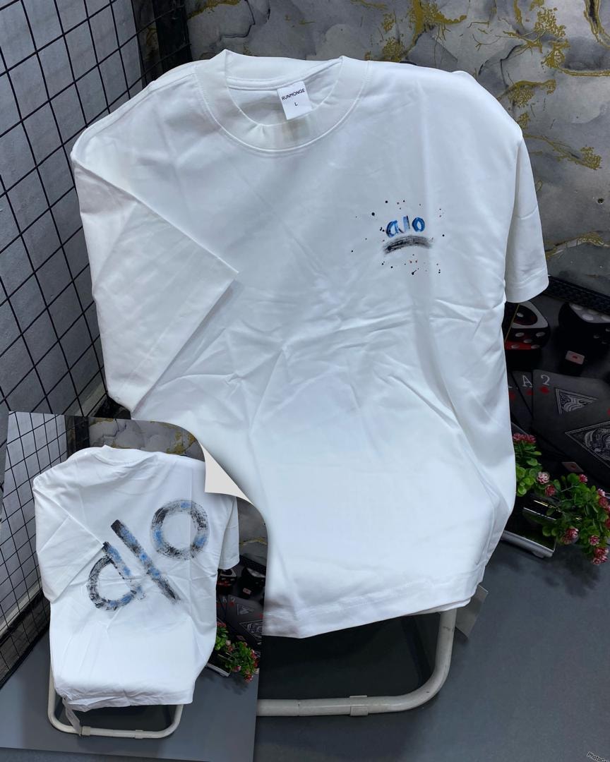 Front and back views of white t-shirt with blue splatter Alo graphic print.