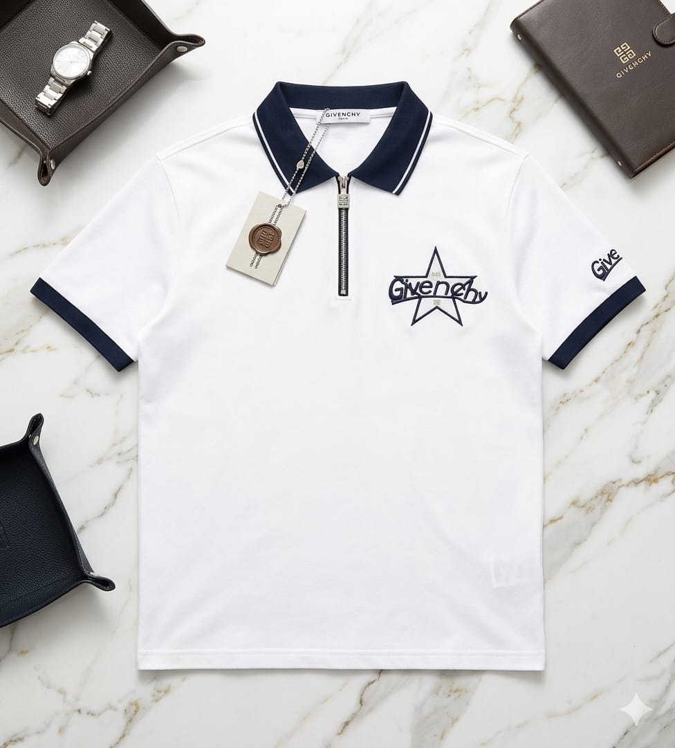 White Givenchy polo shirt with star logo, zipper and navy trim.