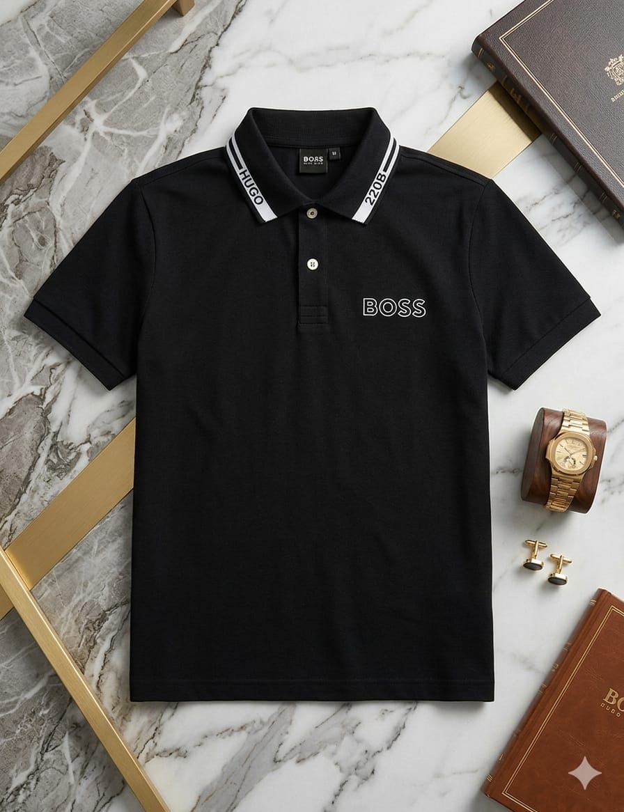 Black Boss polo shirt with logo on chest and branded collar.
