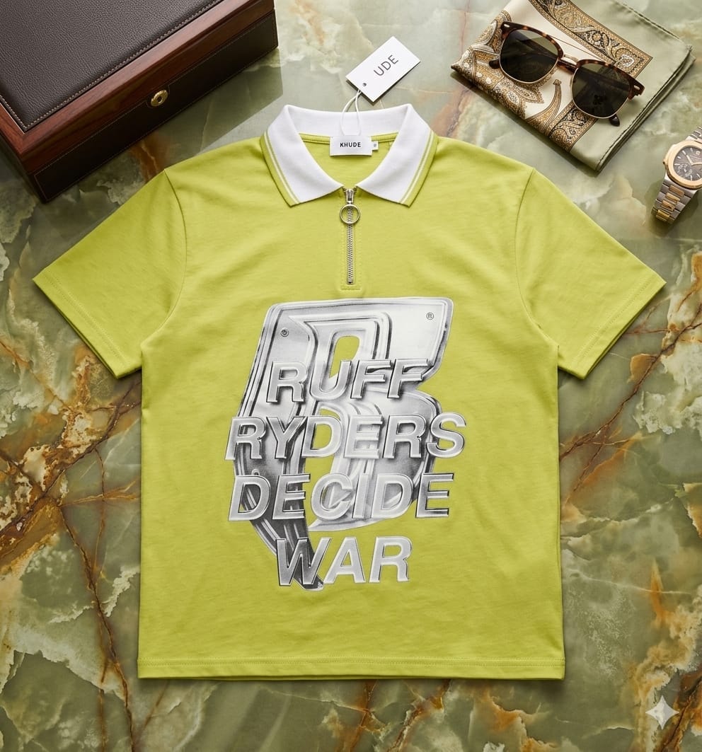 Lime Ruff Ryders polo shirt with large graphic print and zipper placket.