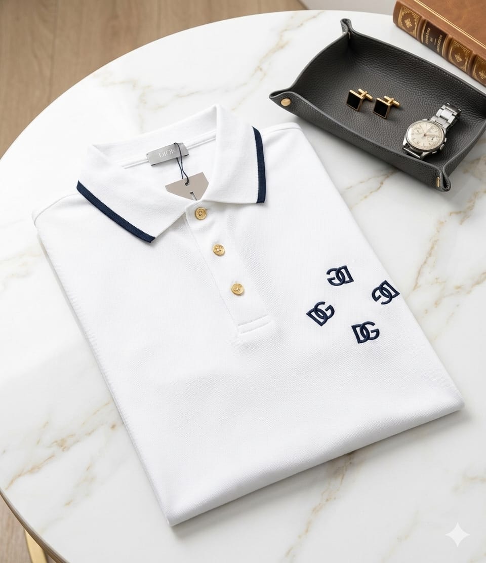 White polo shirt with navy collar and multiple monogram logos on chest.