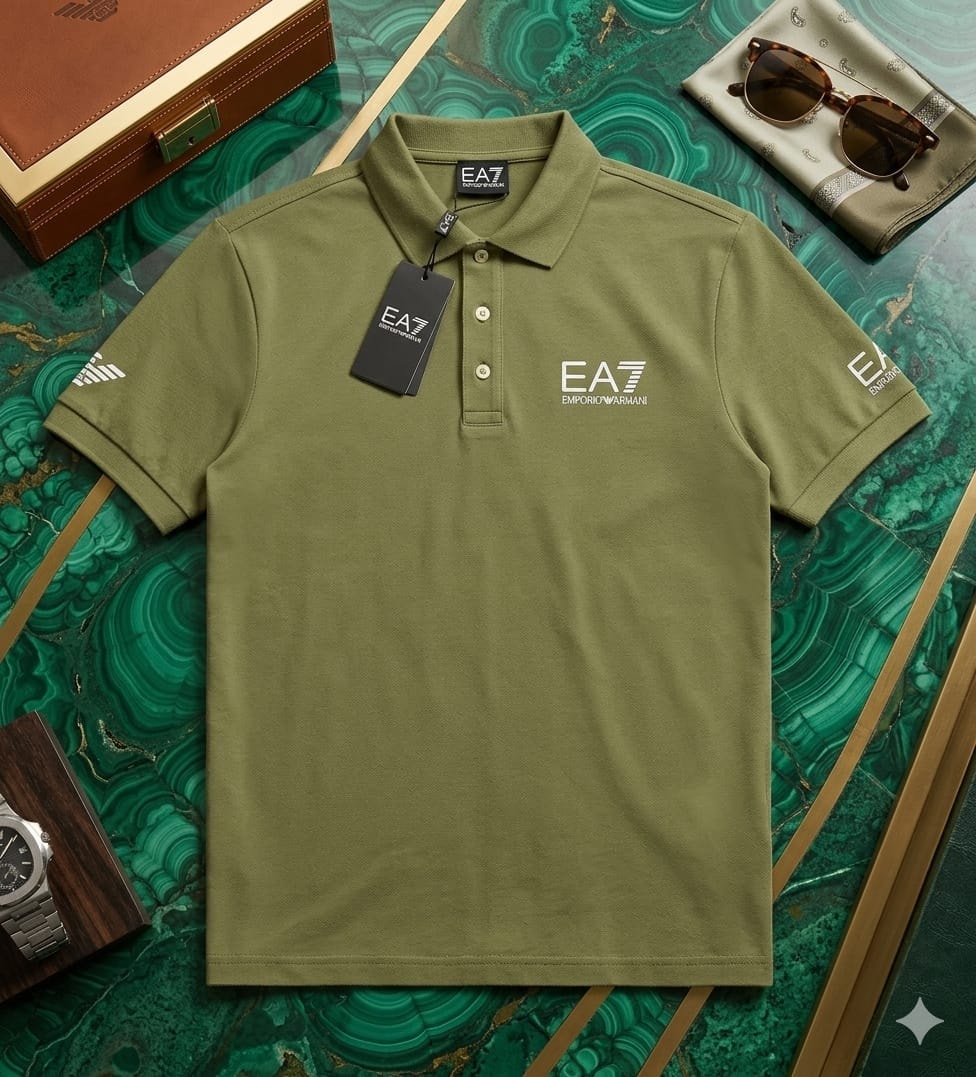 Olive green EA7 polo shirt with logos on chest and sleeve.