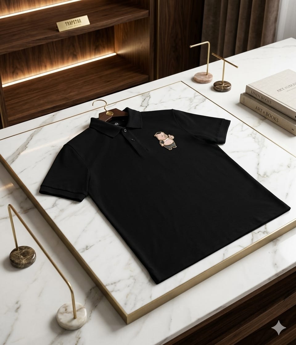 Black Trapstar polo shirt with pig embroidery on chest.