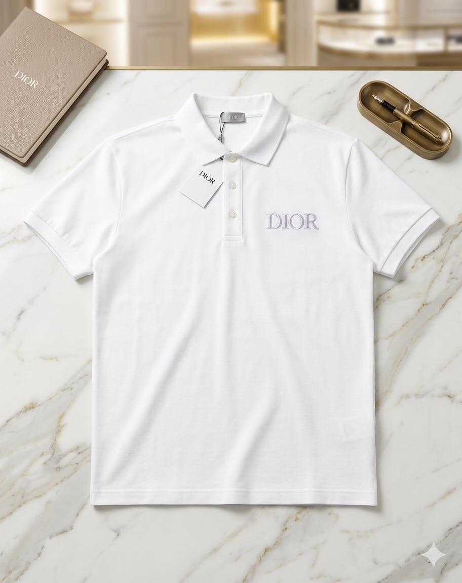 White Dior polo shirt with embroidered logo and button placket.