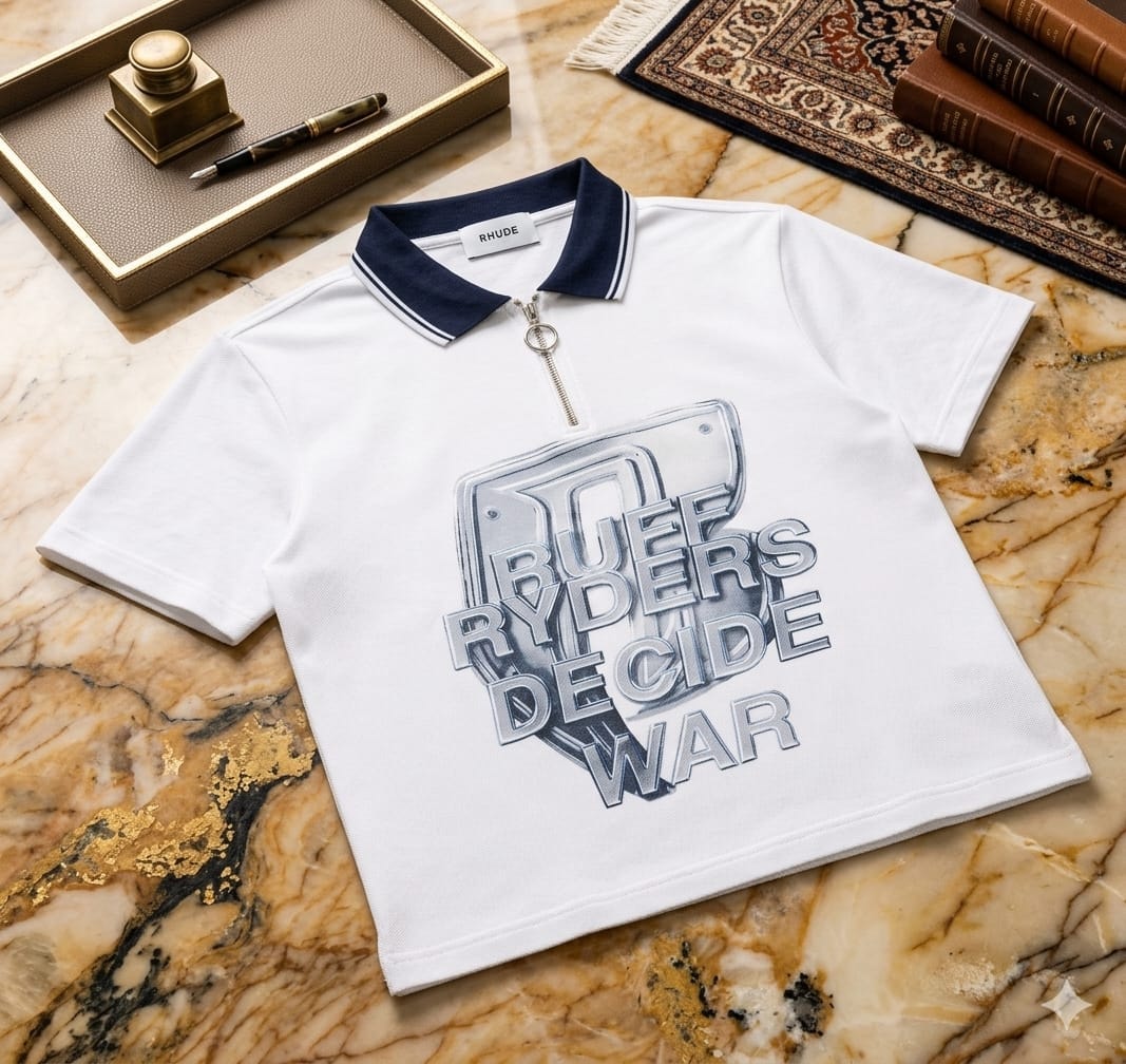 White Ruff Ryders polo shirt with large graphic print and zipper placket.