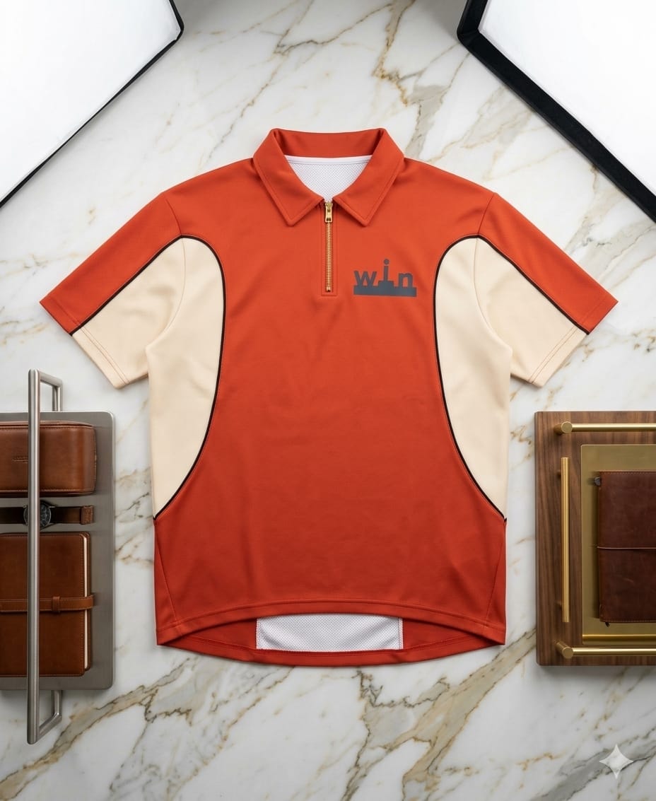 Orange polo shirt with cream sleeves, zip collar and win graphic.