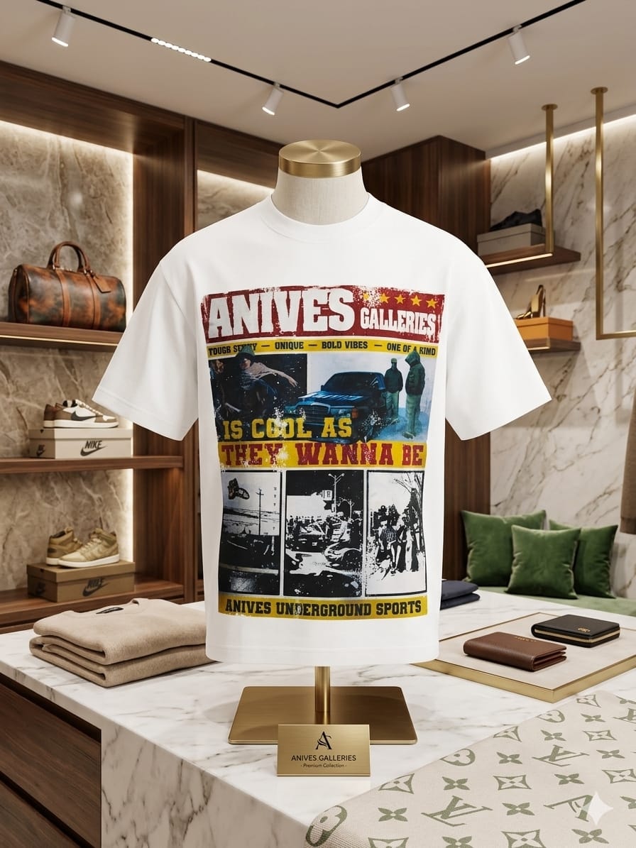 White Anives Galleries graphic t-shirt on mannequin in luxury marble retail setting.