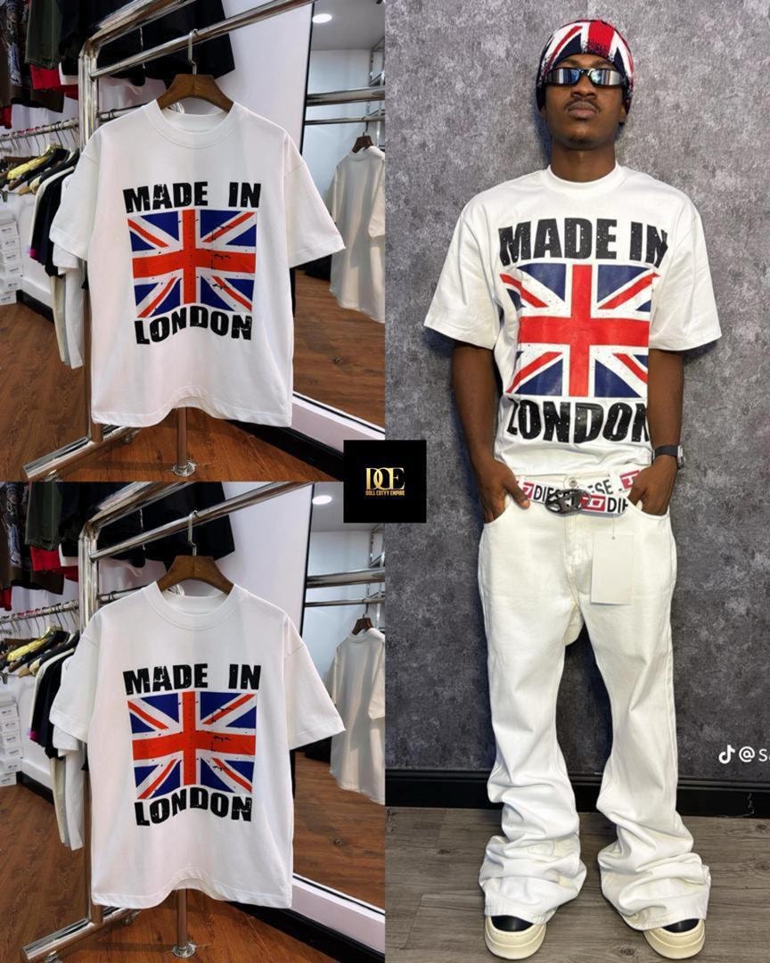 White t-shirt with Made In London Union Jack graphic displayed on hanger and worn by model.