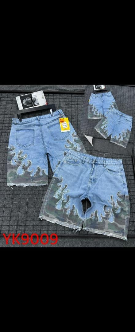 Light blue denim shorts with flame camo pattern on lower half and multiple views.